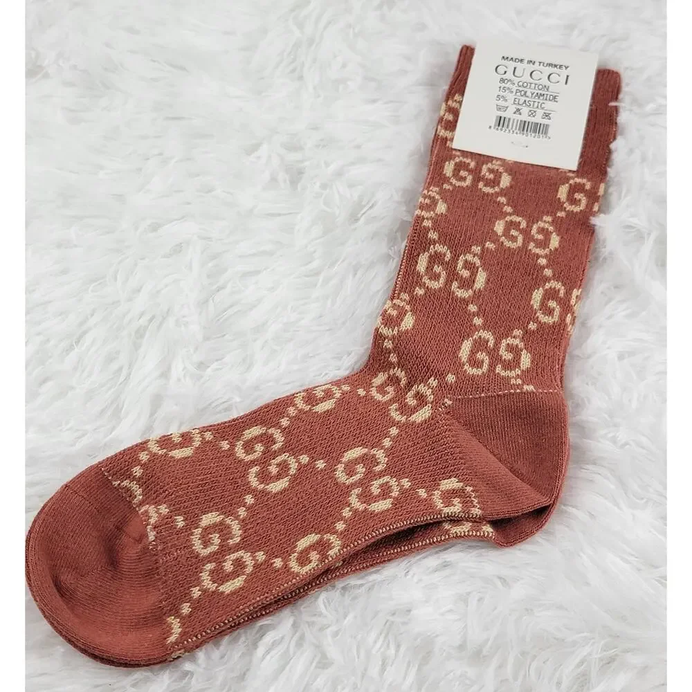 Gucci Crew Socks Unisex GG Logo Metallic 100% Authentic Red Beige Luxury New